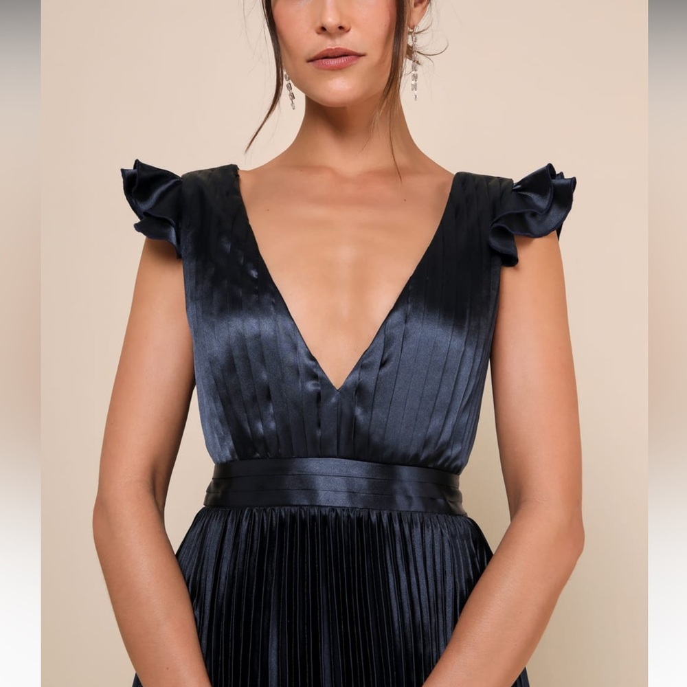 Lulu’s Exceptional Drama Navy Blue Satin Lace-Up Pleated Maxi Dress